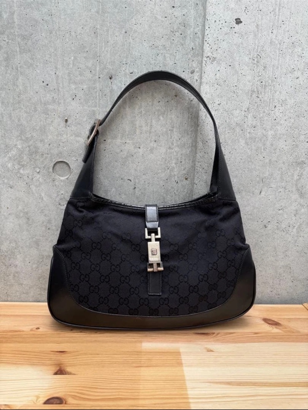 Gucci Black GG Canvas Shoulder Bag with Silver Hardware